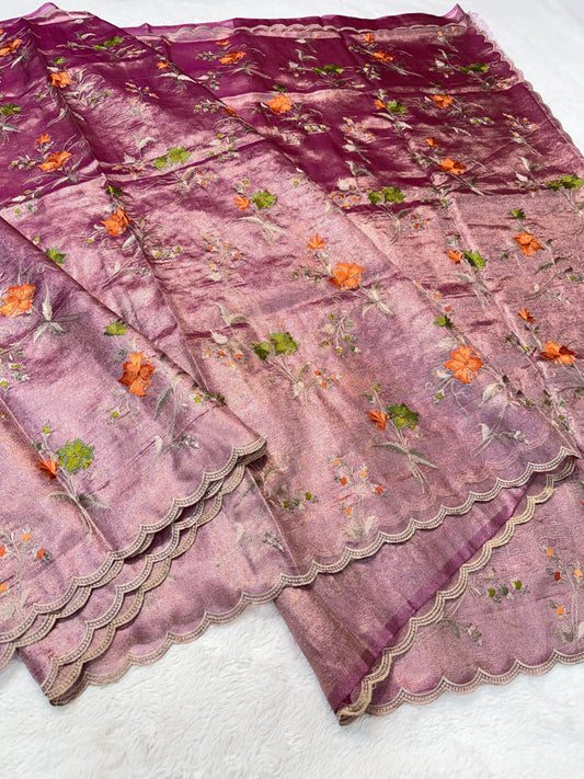 Deep Mauve Tissue Designer Embroidery Premium Banarasi Saree