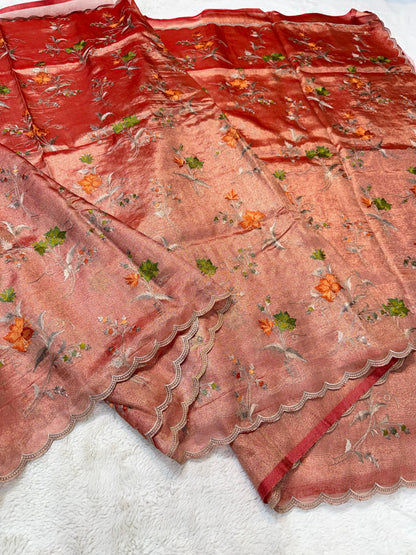 Rust Orange Tissue Designer Embroidery Premium Banarasi Saree