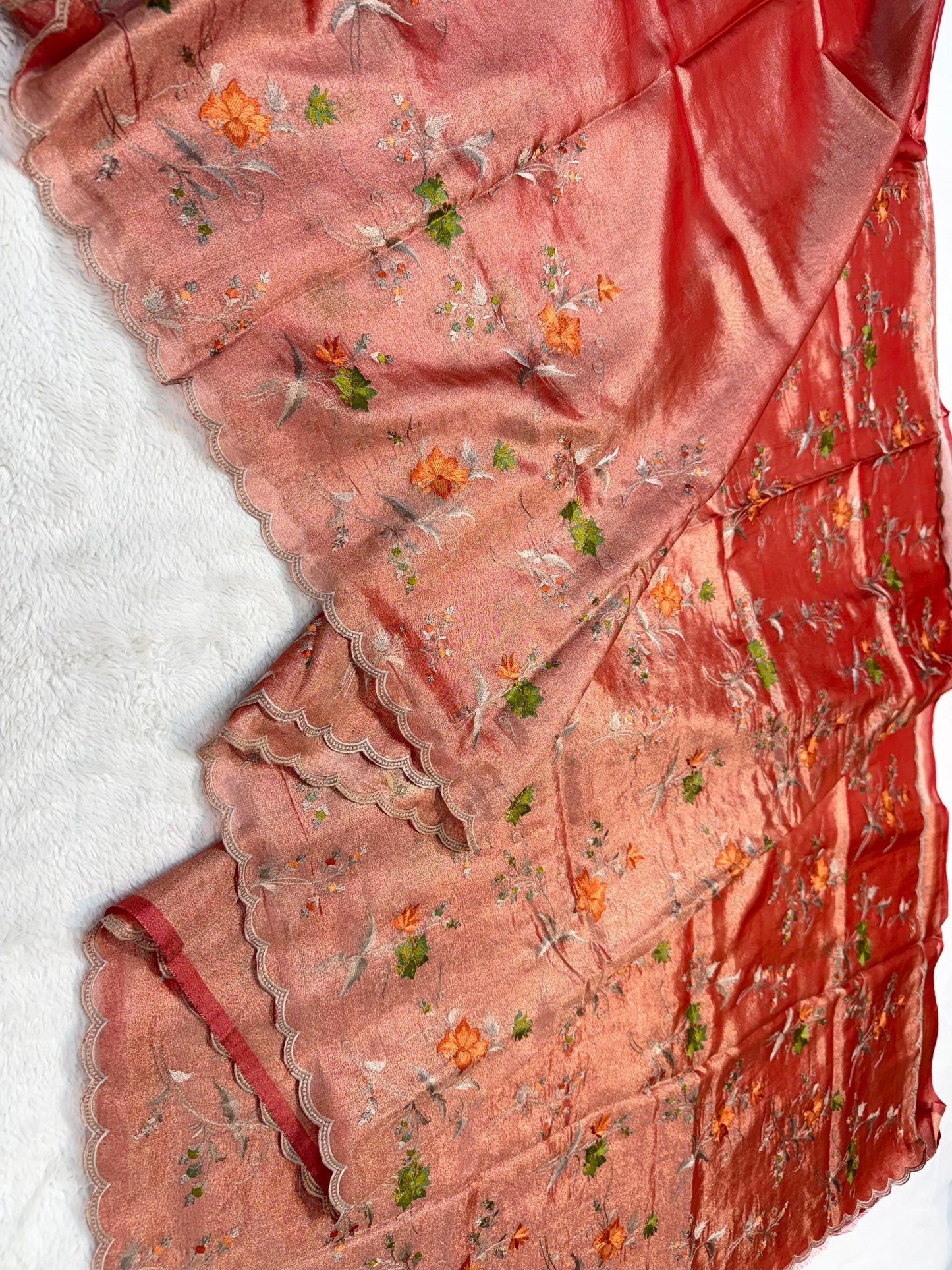Rust Orange Tissue Designer Embroidery Premium Banarasi Saree