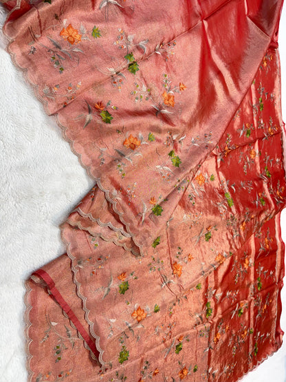 Rust Orange Tissue Designer Embroidery Premium Banarasi Saree