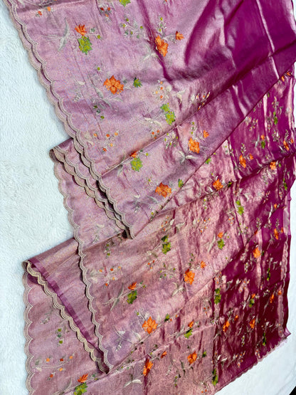 Deep Mauve Tissue Designer Embroidery Premium Banarasi Saree