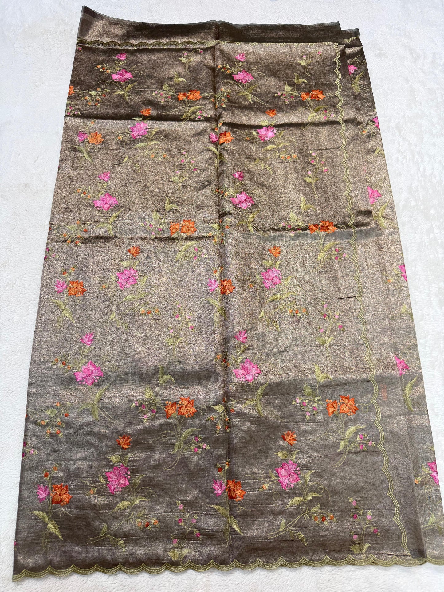 Metallic Bronze Tissue Designer Embroidery Premium Banarasi Saree