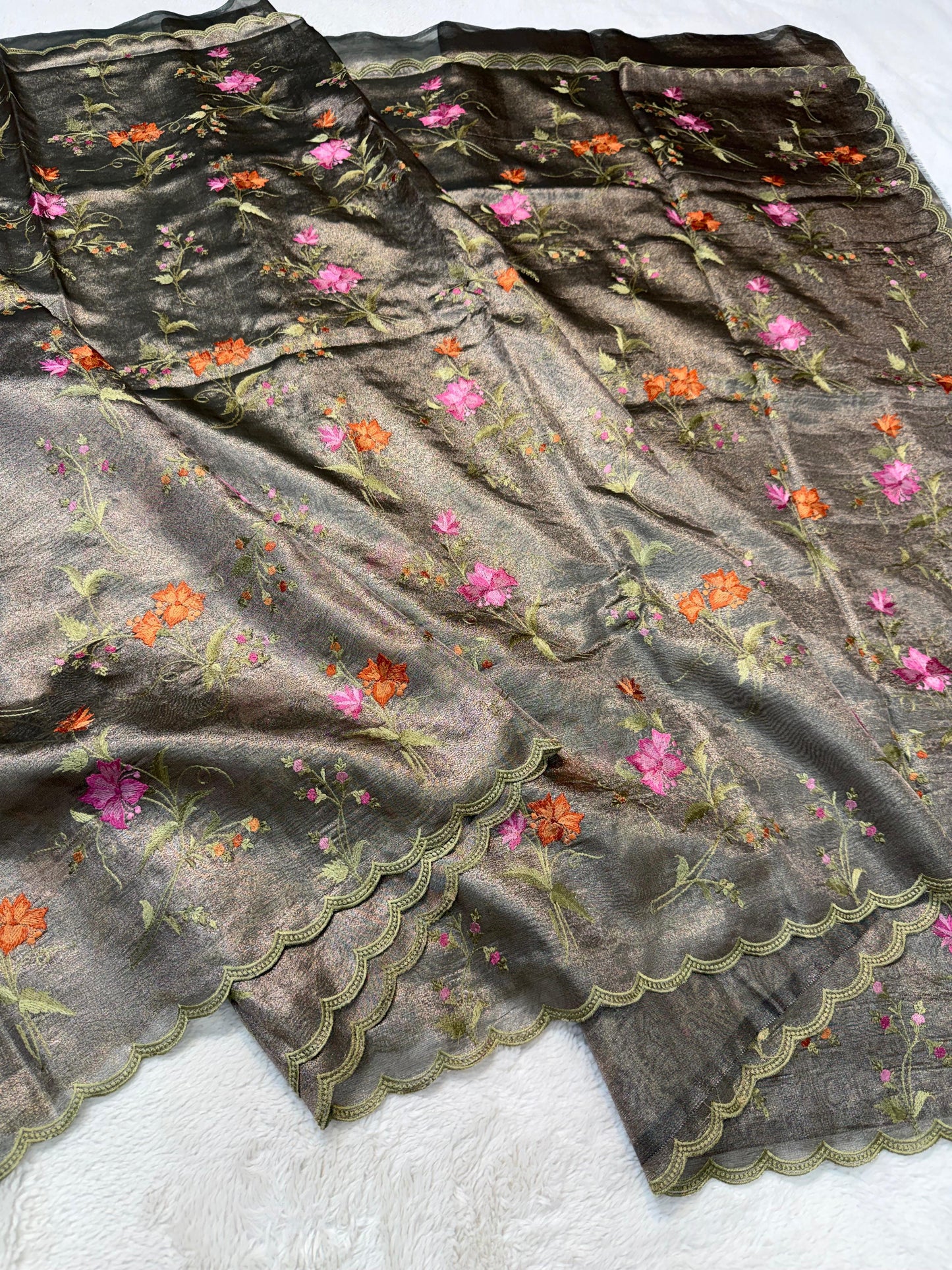 Metallic Bronze Tissue Designer Embroidery Premium Banarasi Saree