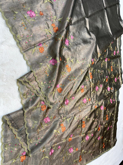 Metallic Bronze Tissue Designer Embroidery Premium Banarasi Saree