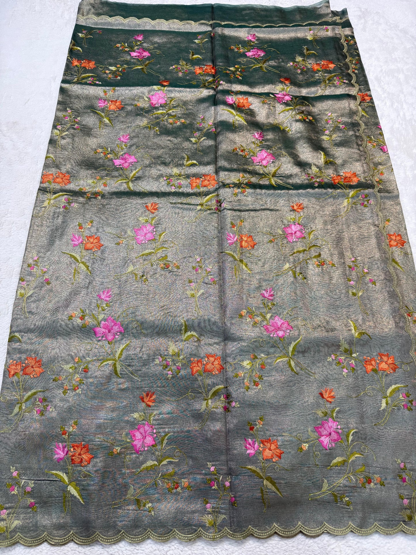 Dark Green Tissue Designer Embroidery Premium Banarasi Saree