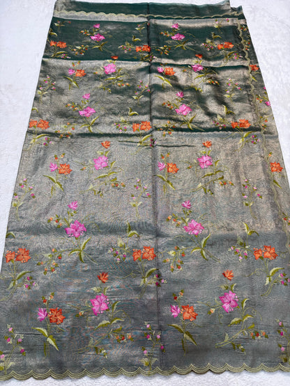 Dark Green Tissue Designer Embroidery Premium Banarasi Saree