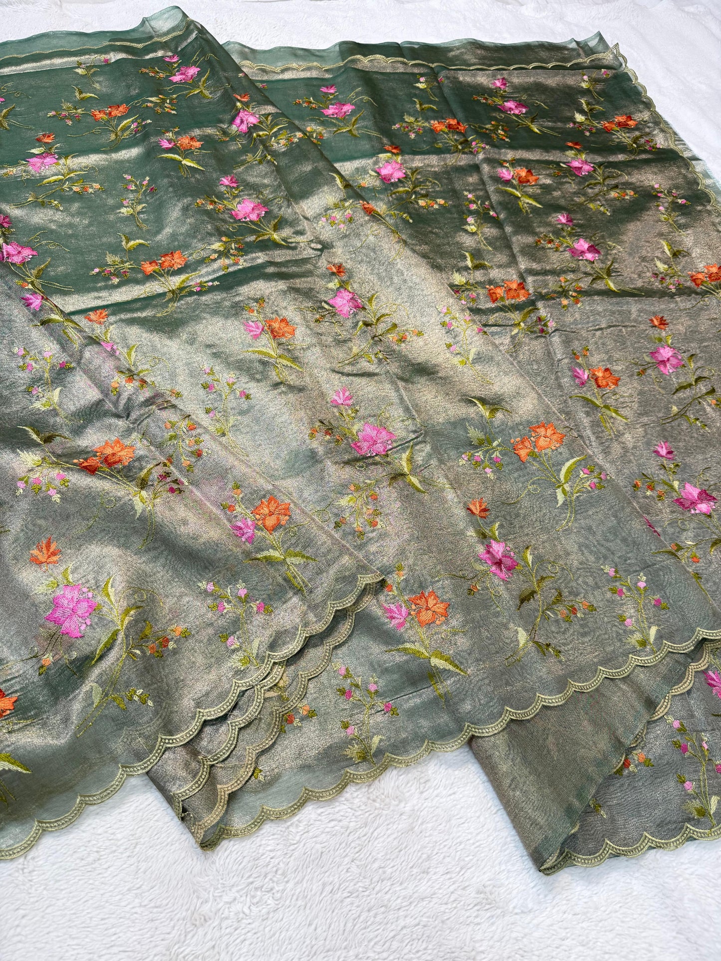 Dark Green Tissue Designer Embroidery Premium Banarasi Saree
