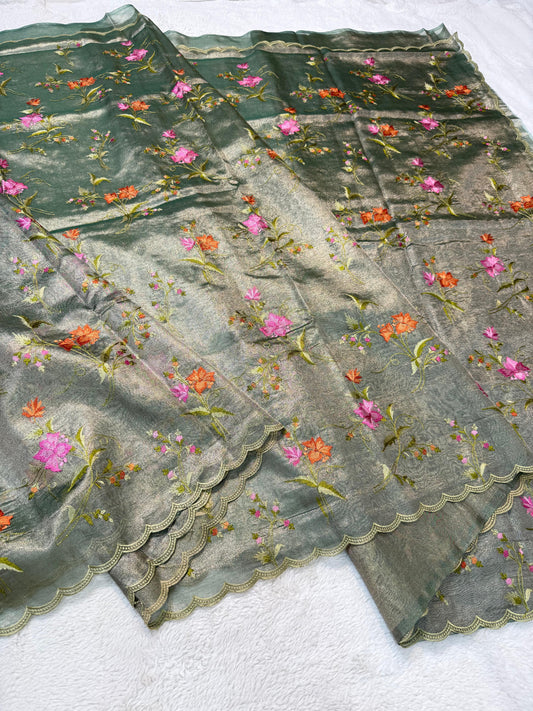 Dark Green Tissue Designer Embroidery Premium Banarasi Saree