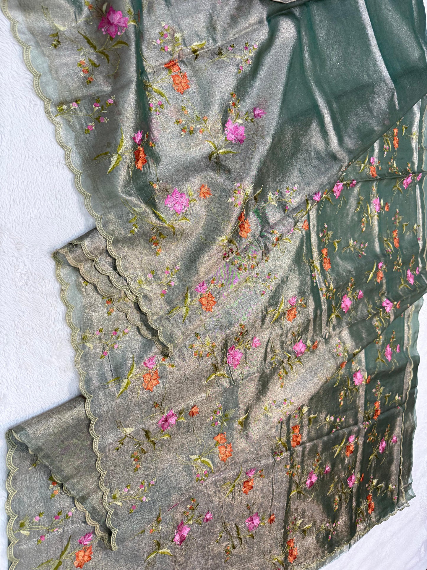 Dark Green Tissue Designer Embroidery Premium Banarasi Saree