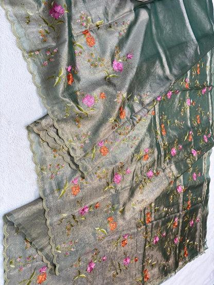 Dark Green Tissue Designer Embroidery Premium Banarasi Saree