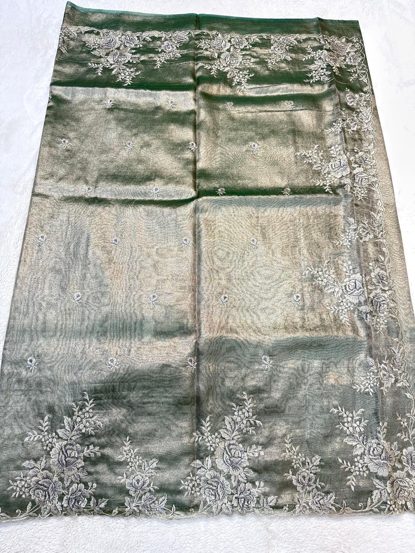 Bottle Green Tissue Designer Embroidery Premium Banarasi Saree