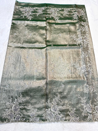 Bottle Green Tissue Designer Embroidery Premium Banarasi Saree