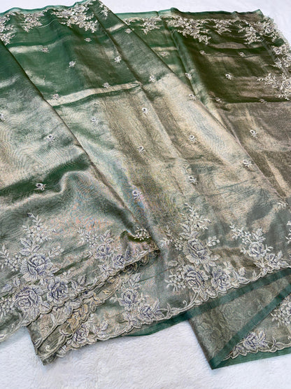 Bottle Green Tissue Designer Embroidery Premium Banarasi Saree