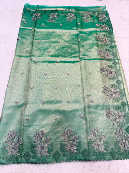 Sea Green Tissue Designer Embroidery Premium Banarasi Saree