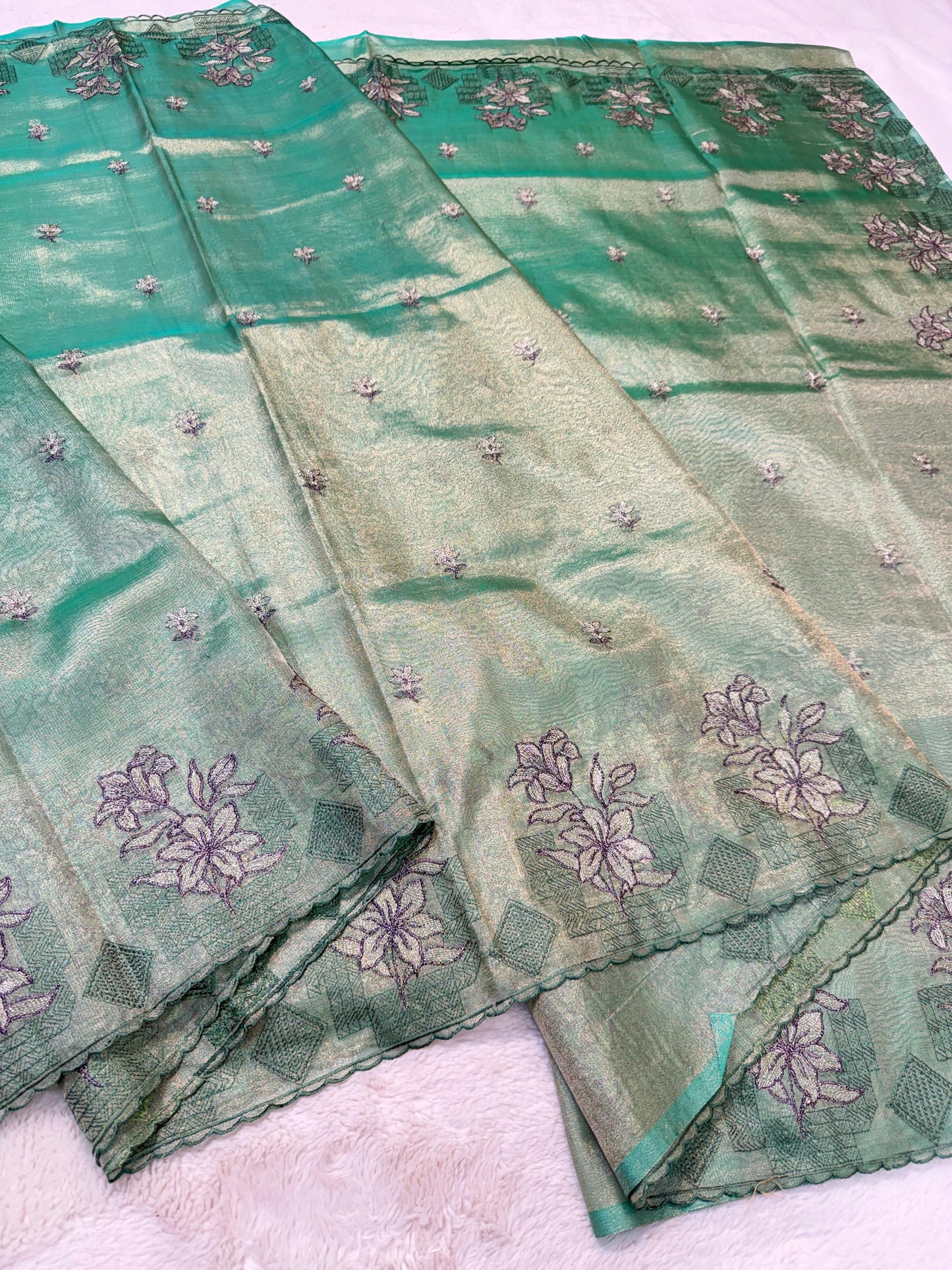 Sea Green Tissue Designer Embroidery Premium Banarasi Saree