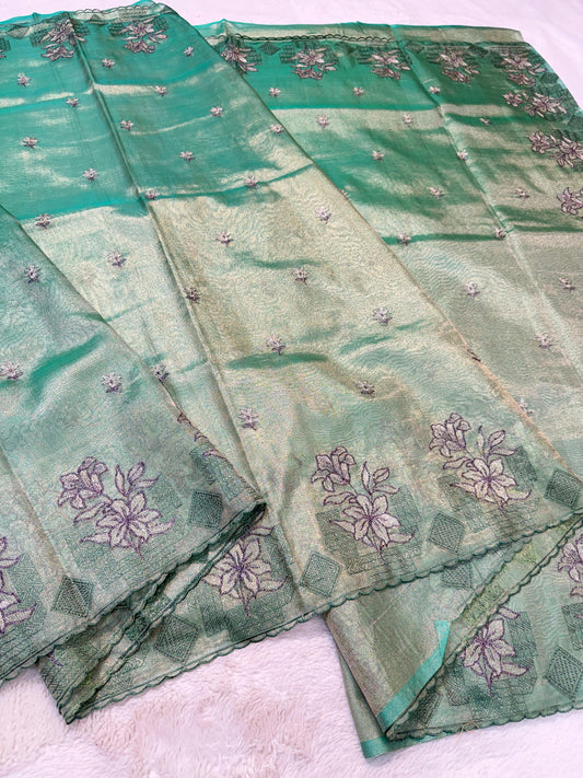 Sea Green Tissue Designer Embroidery Premium Banarasi Saree