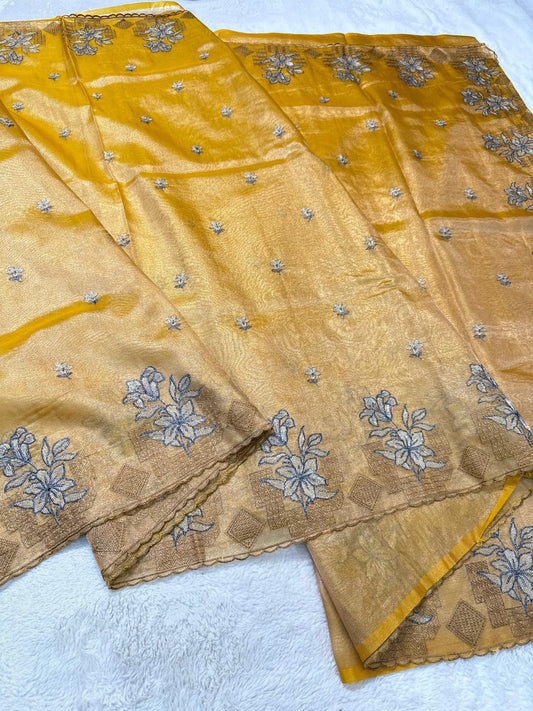 Gold Tissue Designer Embroidery Premium Banarasi Saree