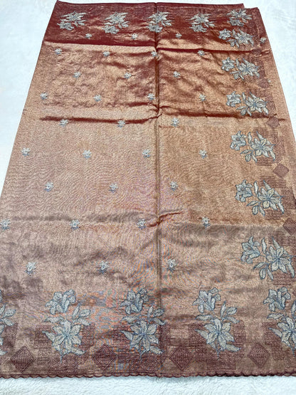 Coffee Brown Tissue Designer Embroidery Premium Banarasi Saree