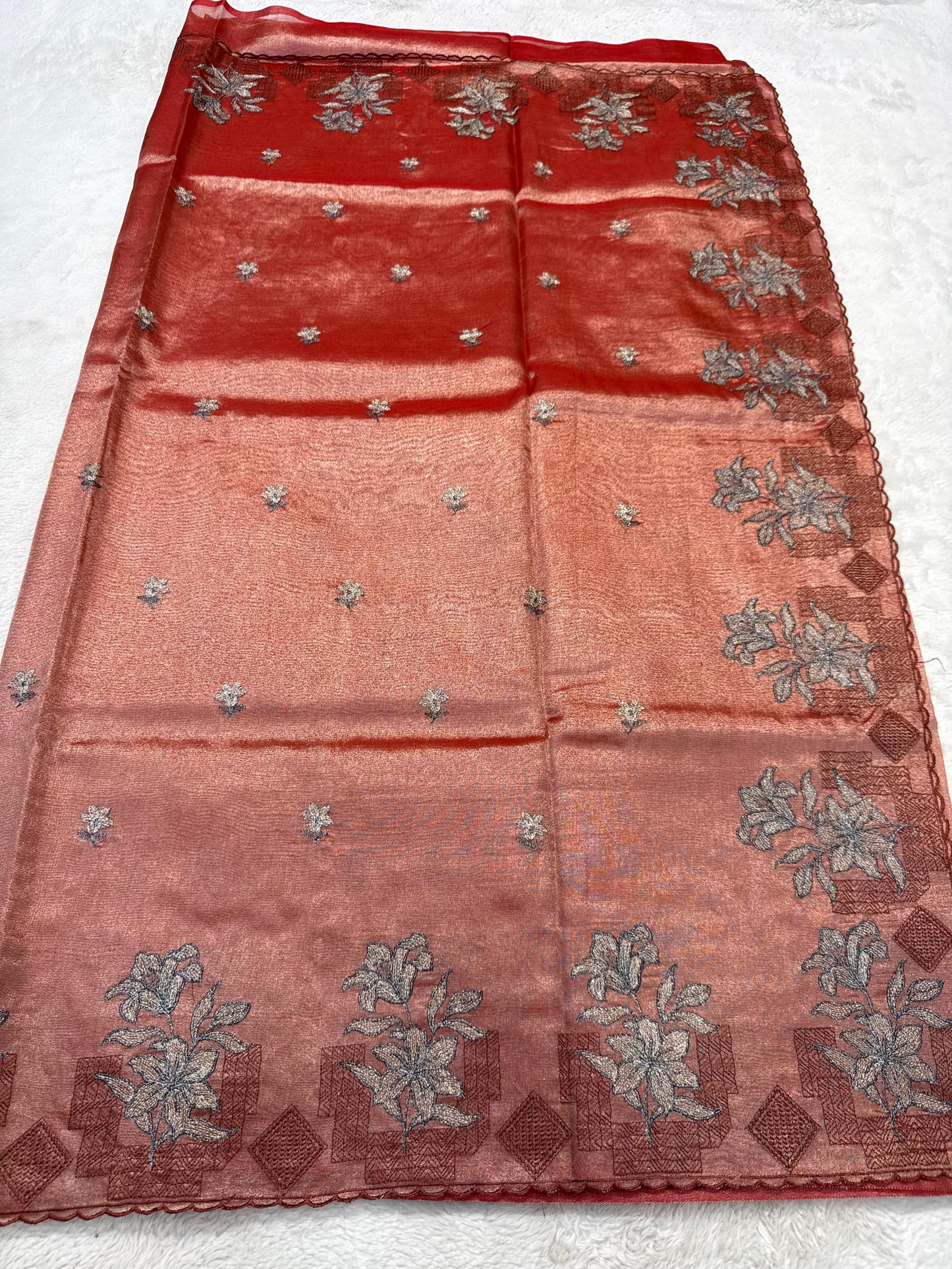 Rust Tissue Designer Embroidery Premium Banarasi Saree