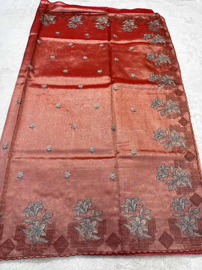 Rust Tissue Designer Embroidery Premium Banarasi Saree