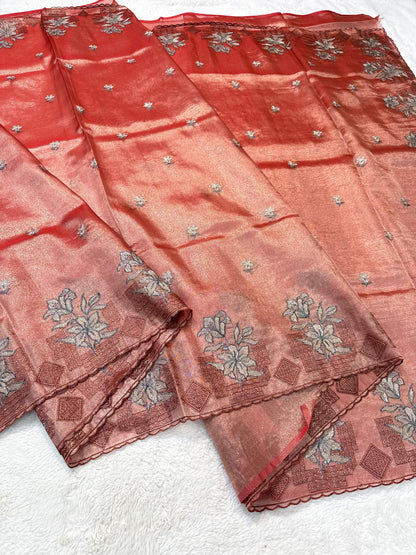 Rust Tissue Designer Embroidery Premium Banarasi Saree