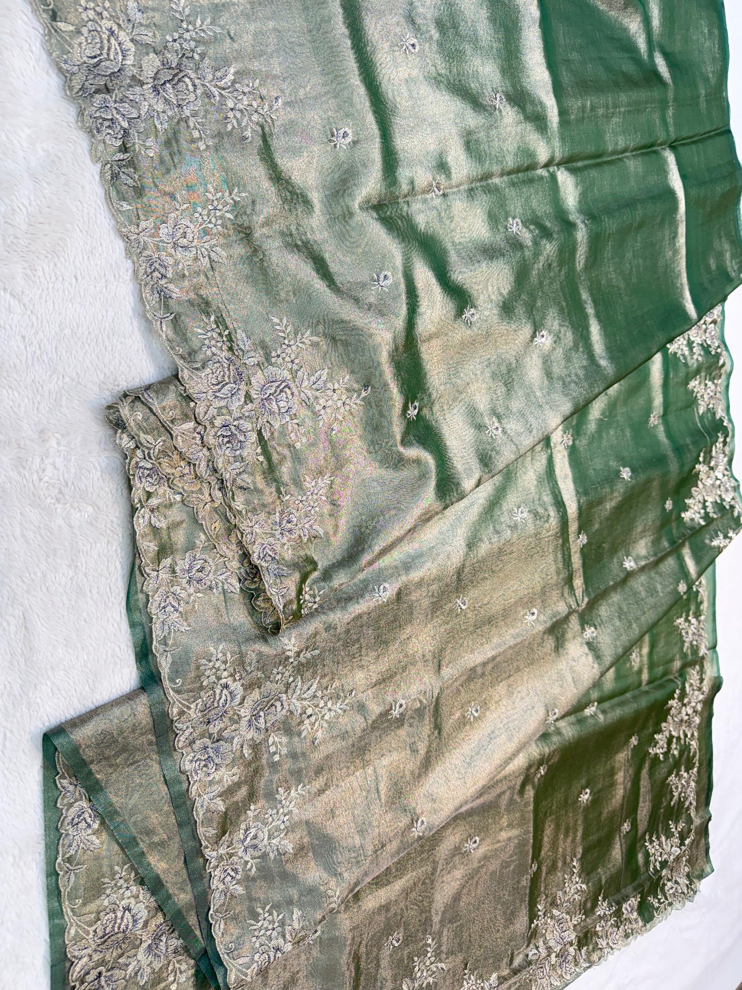 Bottle Green Tissue Designer Embroidery Premium Banarasi Saree
