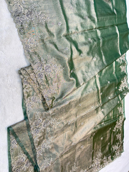 Bottle Green Tissue Designer Embroidery Premium Banarasi Saree