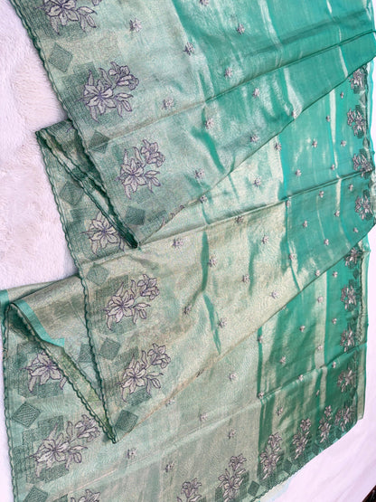 Sea Green Tissue Designer Embroidery Premium Banarasi Saree