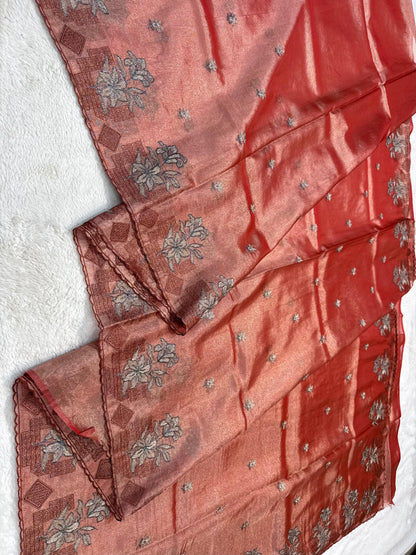 Rust Tissue Designer Embroidery Premium Banarasi Saree