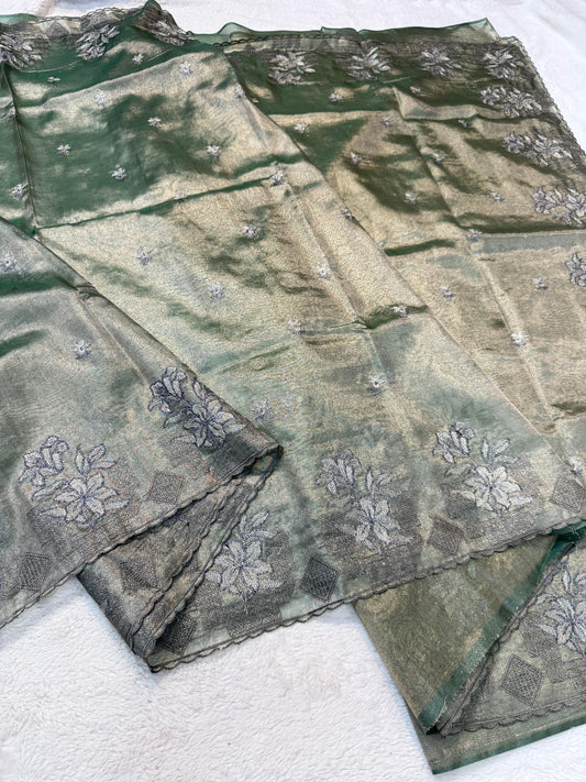 Green Tissue Designer Embroidery Premium Banarasi Saree