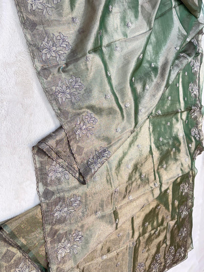 Green Tissue Designer Embroidery Premium Banarasi Saree