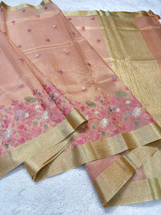 Peach Tissue Kota Embroidery Banarasi Saree