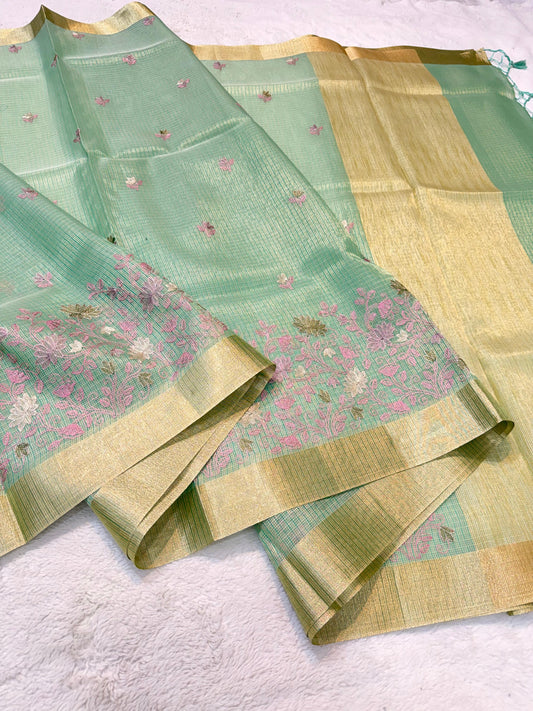 Sea Green Tissue Kota Embroidery Banarasi Saree