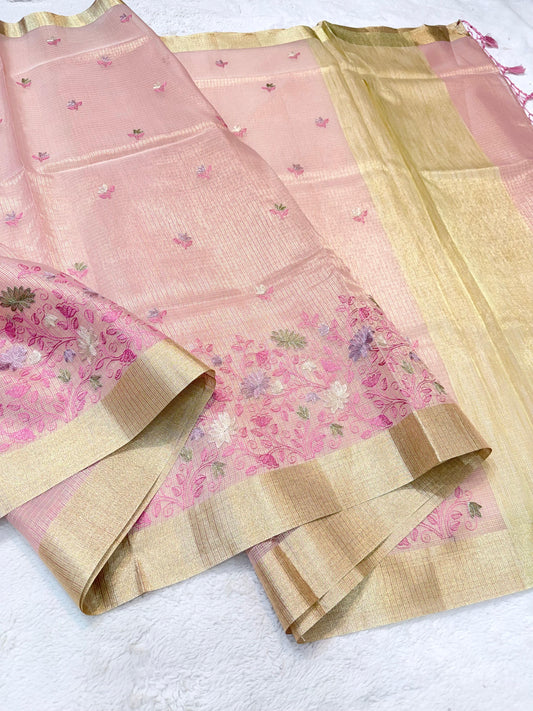 Pink Tissue Kota Embroidery Banarasi Saree