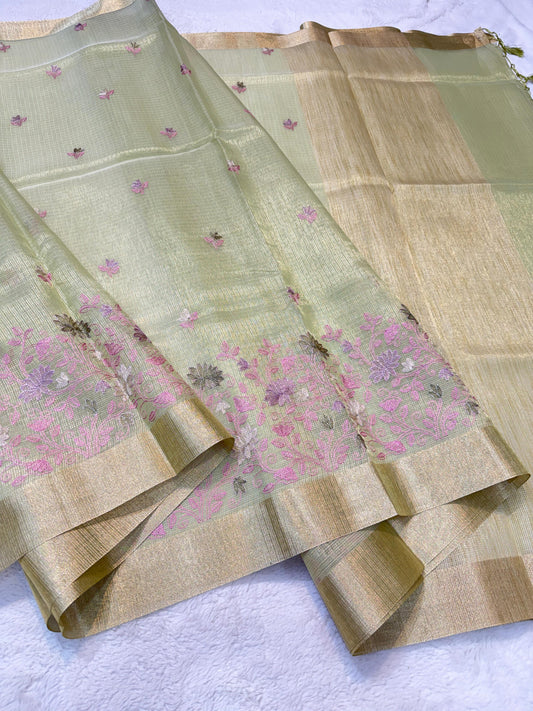 Pista Green Tissue Kota Embroidery Banarasi Saree