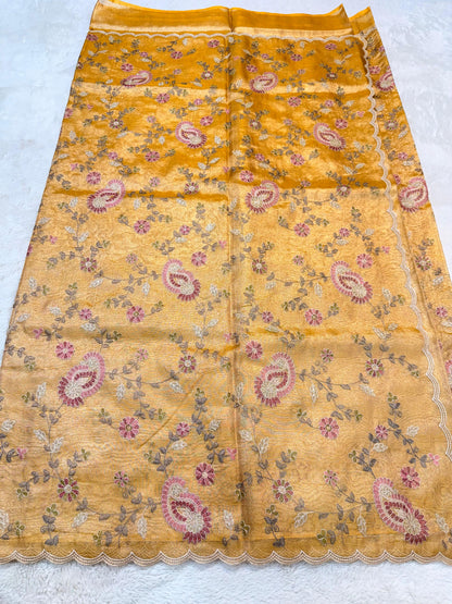 Yellow Tissue Designer Embroidery Premium Banarasi Saree