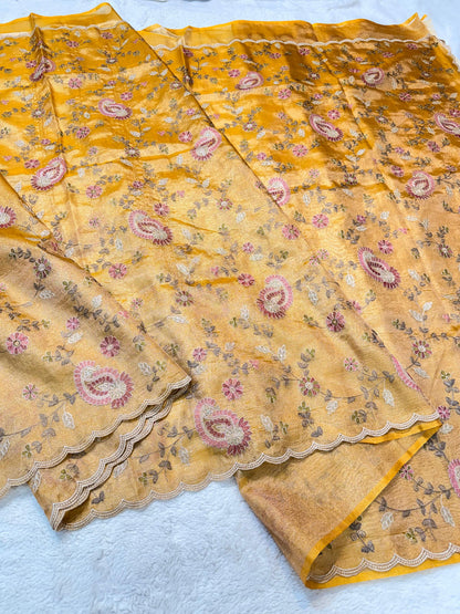Yellow Tissue Designer Embroidery Premium Banarasi Saree