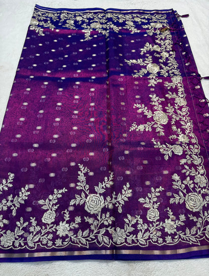 Magenta Tissue Designer Embroidery Premium Banarasi Saree
