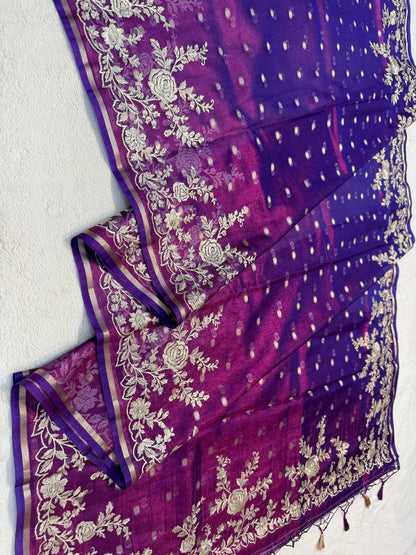 Magenta Tissue Designer Embroidery Premium Banarasi Saree