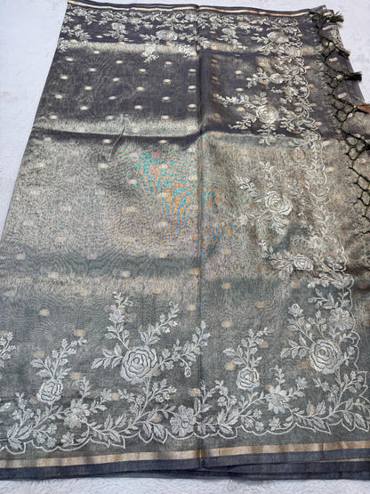Green Tissue Designer Embroidery Premium Banarasi Saree