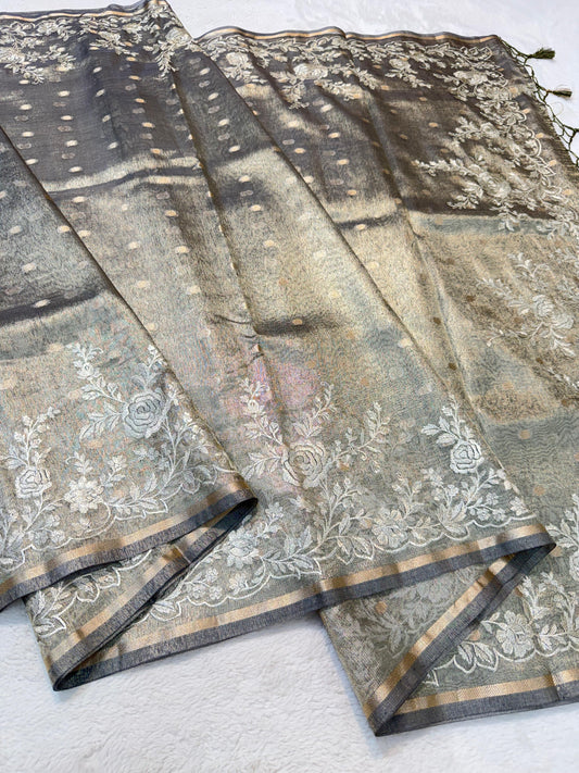 Green Tissue Designer Embroidery Premium Banarasi Saree