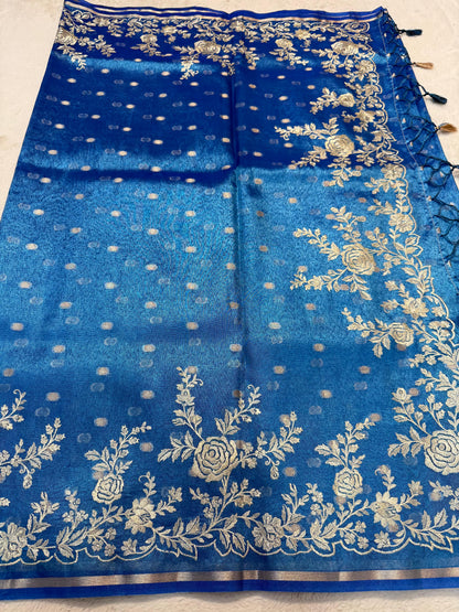 Blue Tissue Designer Embroidery Premium Banarasi Saree
