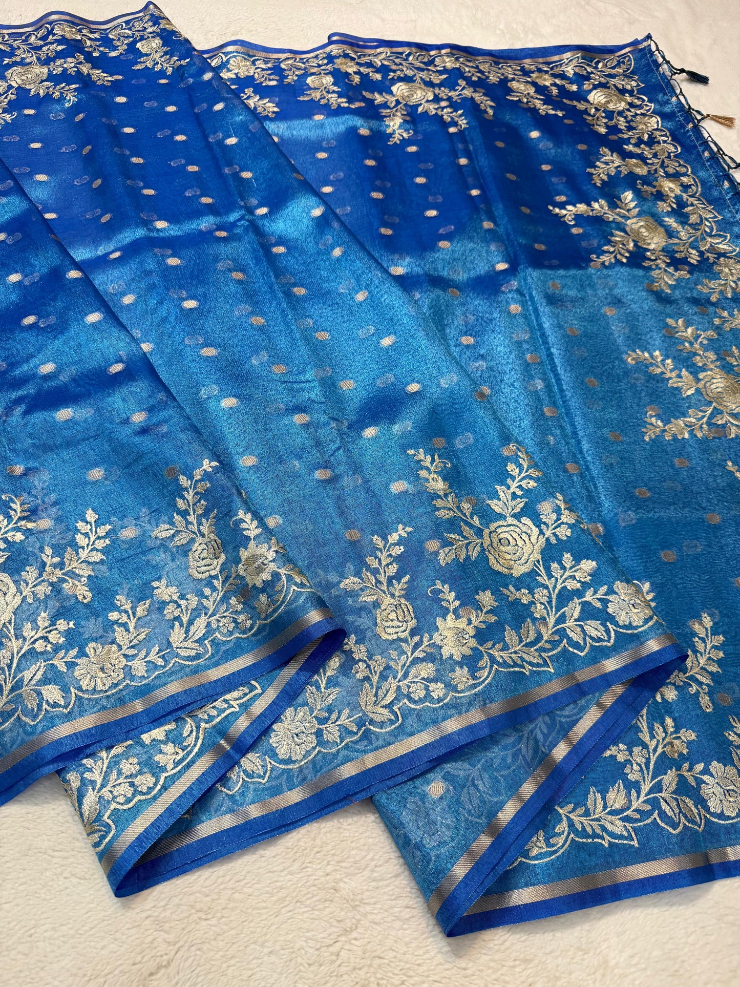 Blue Tissue Designer Embroidery Premium Banarasi Saree