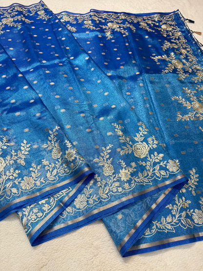 Blue Tissue Designer Embroidery Premium Banarasi Saree
