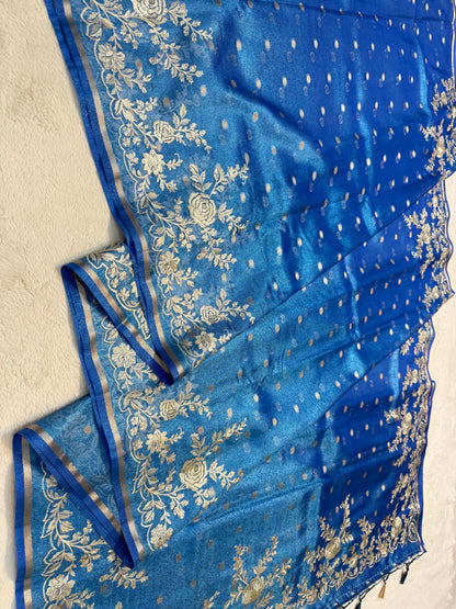 Blue Tissue Designer Embroidery Premium Banarasi Saree