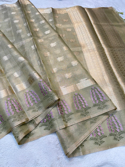 Pista Green Tissue Designer Embroidery Premium Banarasi Saree