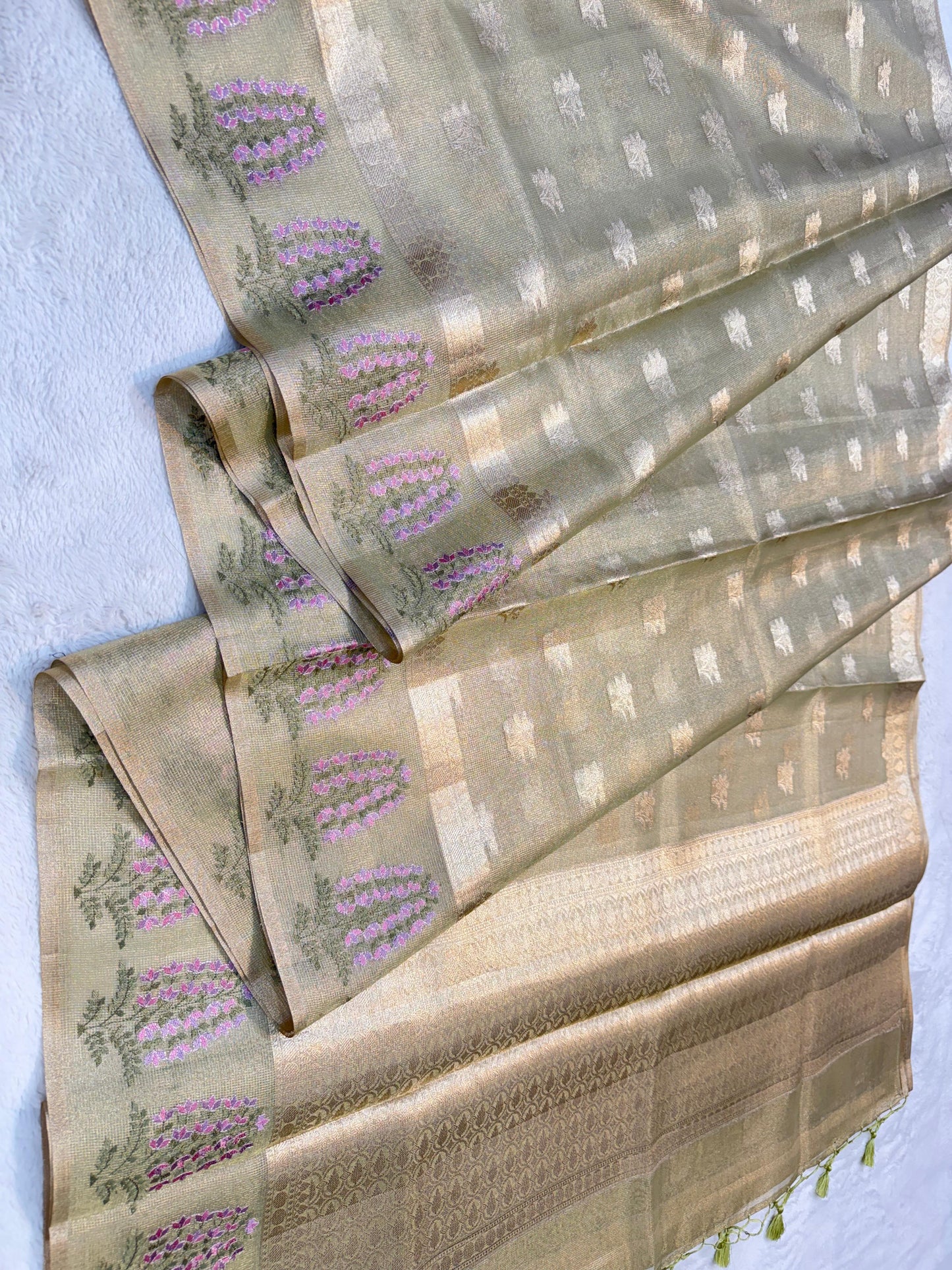 Pista Green Tissue Designer Embroidery Premium Banarasi Saree
