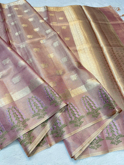 Pink Tissue Designer Embroidery Premium Banarasi Saree