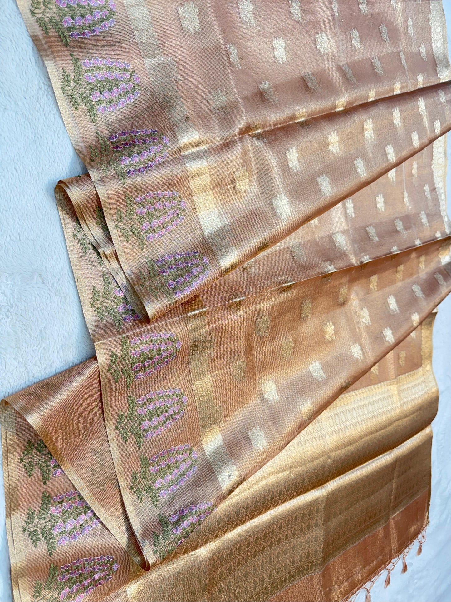 Peach Tissue Designer Embroidery Premium Banarasi Saree