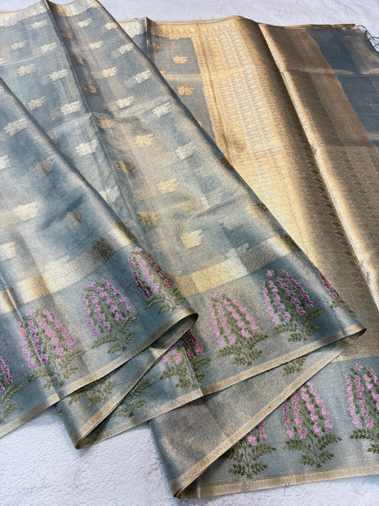 Gray Tissue Designer Embroidery Premium Banarasi Saree